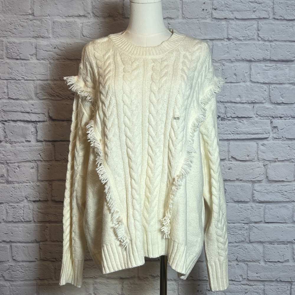 Lane Bryant Fringe Cable Knit Sweater 18/20 Ivory Textured Cozy Pullover